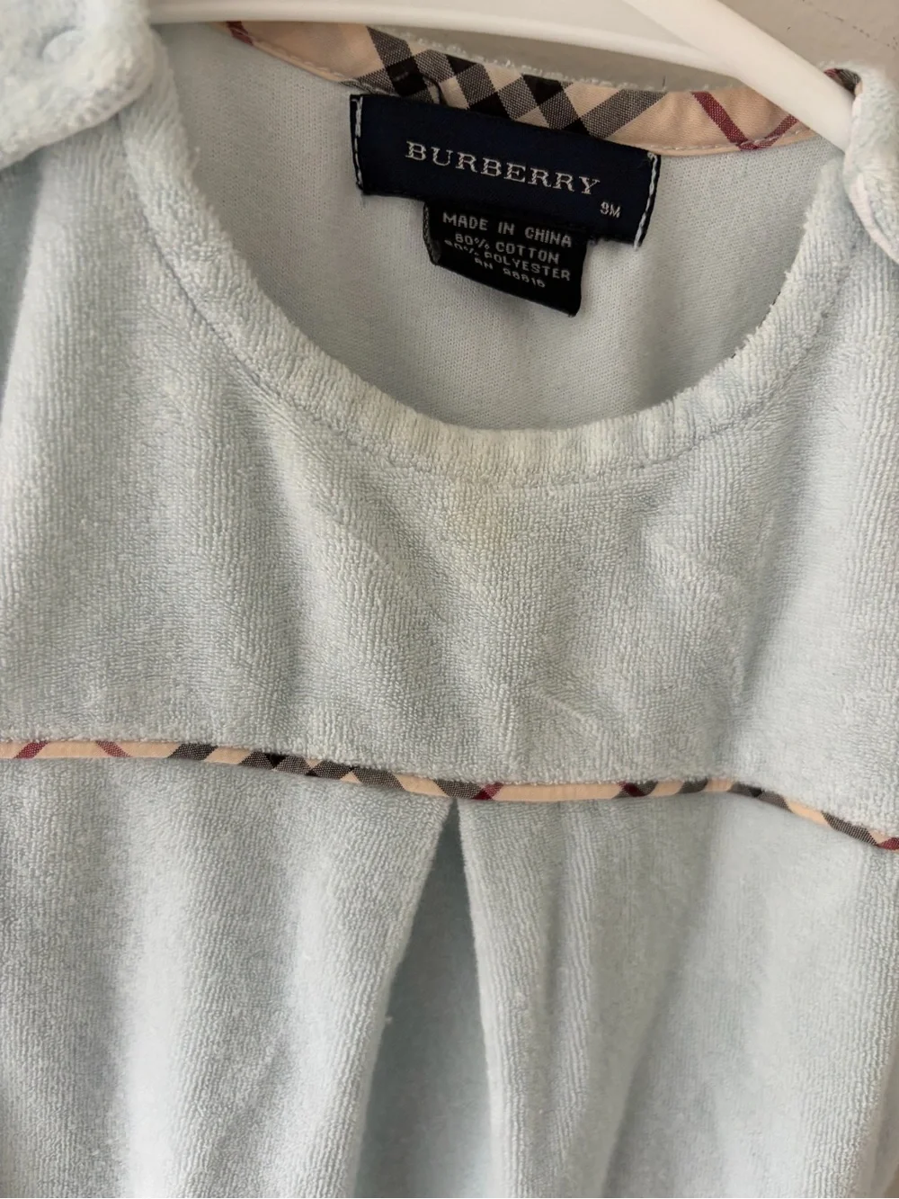 Designer Burberry Baby Blue Footed Romper 9 months classic plaid
